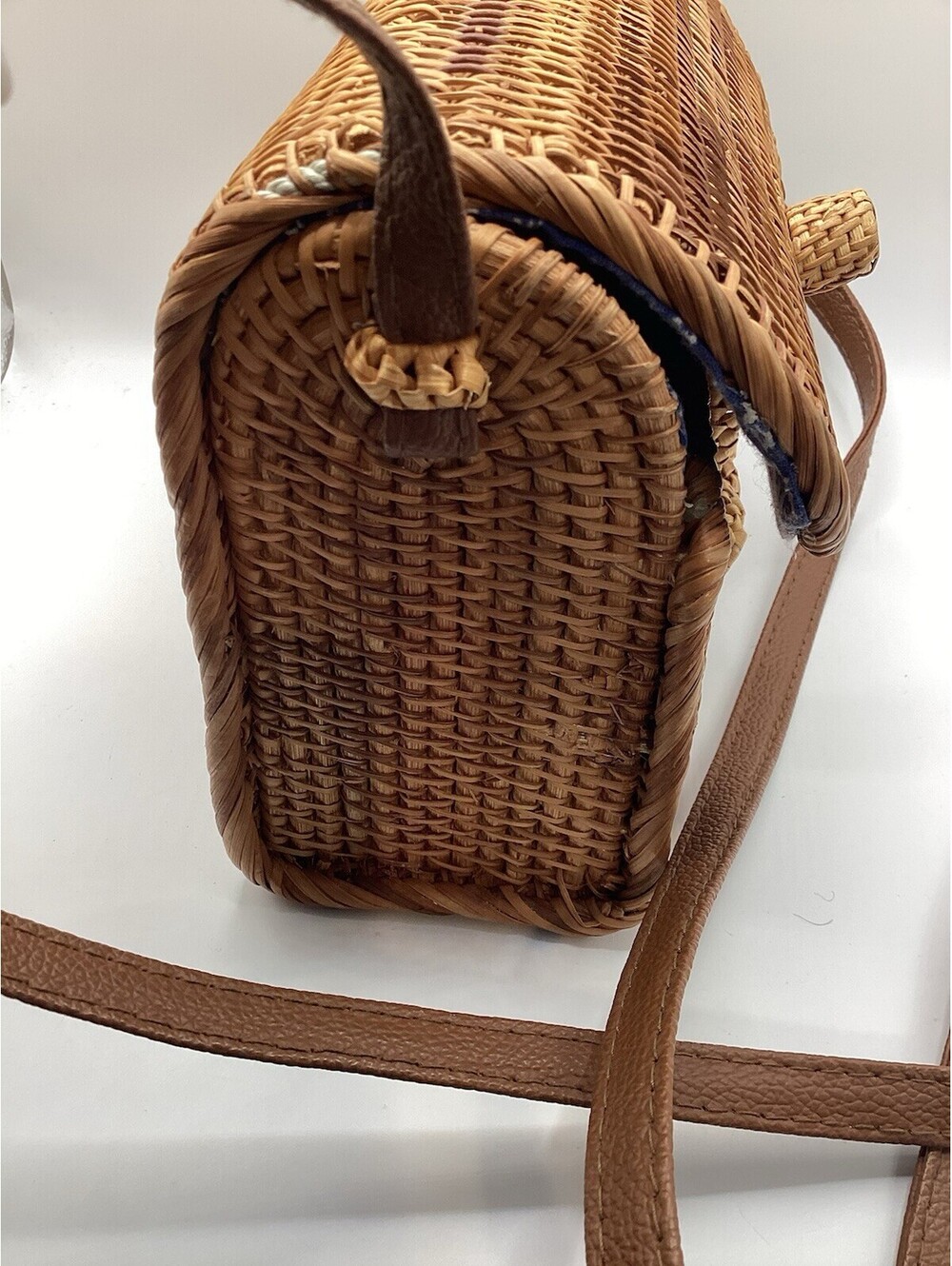 Modcloth Cute Handmade Hard Body Woven Bag Purse Tan Faux Leather Strap B7 - Picture 5 of 8